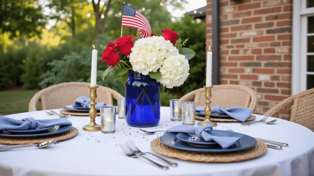 Cinematic wide-angle shot of a patriotic July 4th tablescape on a sun-drenched farmhouse patio, featuring layered navy, white, and red plates on woven chargers, vibrant floral centerpiece, brass candlesticks, and sparkling star votives, all set against a rustic brick backdrop.