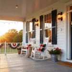 A picturesque farmhouse porch adorned with patriotic decorations, featuring a navy blue door with a handcrafted wreath, vintage rocking chairs with plaid cushions, and vibrant flowers in galvanized buckets, all illuminated by warm sunset light and twinkling string lights.