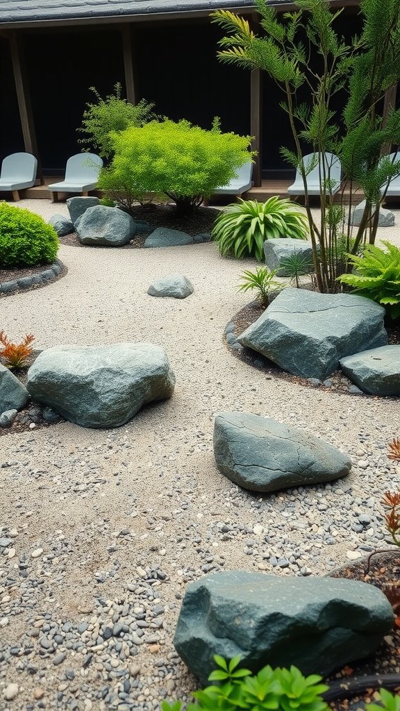 A tranquil Zen garden featuring smooth stones, sandy paths, and lush greenery.