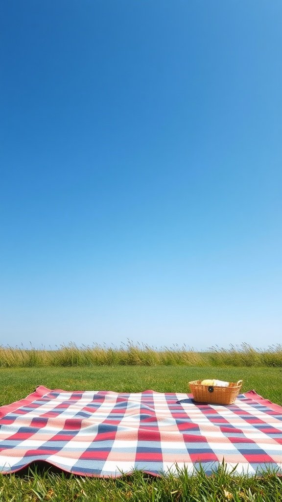 A checkered picnic blanket on green grass under a clear blue sky with a picnic basket.