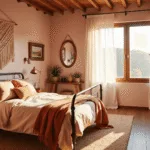 Photorealistic image of a sunlit boho bedroom featuring a vintage iron bed with blush pink linens, warm brass sconces, and macrame wall hangings, all captured with shallow depth of field in soft natural light.