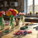 A sunlit craft room with a rustic wooden worktable scattered with colorful pipe cleaners, showcasing a bouquet of handmade flowers in a vintage milk bottle, surrounded by crafting supplies and mason jars, with warm afternoon light and a shallow depth of field.