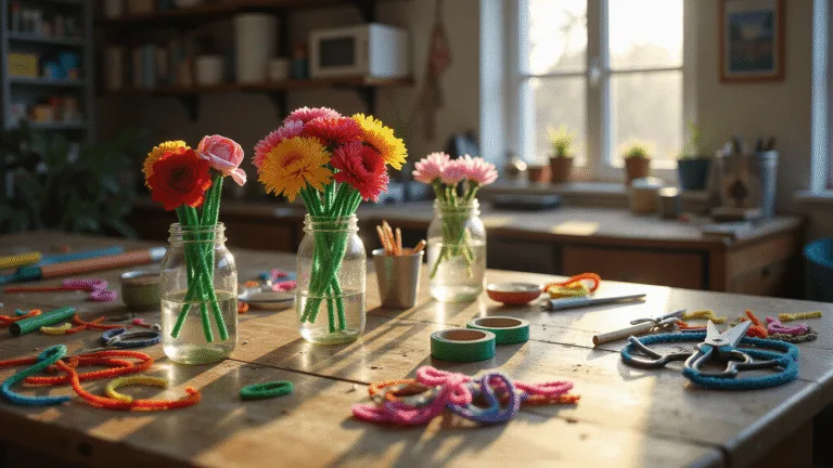 A sunlit craft room with a rustic wooden worktable scattered with colorful pipe cleaners, showcasing a bouquet of handmade flowers in a vintage milk bottle, surrounded by crafting supplies and mason jars, with warm afternoon light and a shallow depth of field.