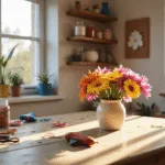 Bright, airy craft room with a rustic wooden workbench covered in colorful pipe cleaners and crafting tools, featuring a centerpiece of handmade pipe cleaner flowers in a white vase, surrounded by organized supplies on shelves, captured in warm golden hour lighting.