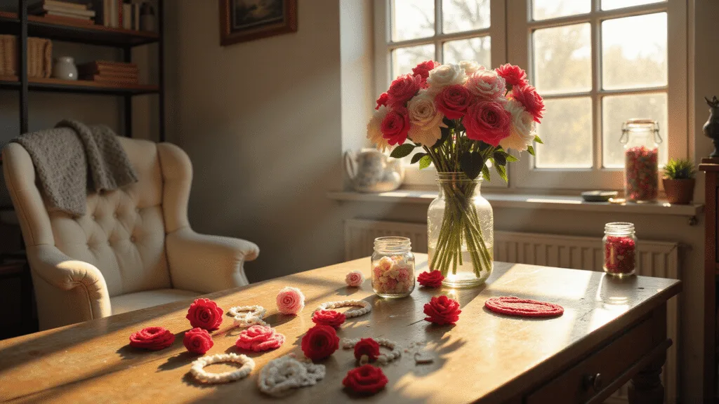 A cozy craft room illuminated by warm afternoon light, featuring colorful pipe cleaners and completed roses on a wooden workbench, vintage mason jars, a cream armchair, and a bouquet of pipe cleaner roses in a crystal vase, with soft dust particles in sunbeams.