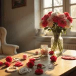 A cozy craft room illuminated by warm afternoon light, featuring colorful pipe cleaners and completed roses on a wooden workbench, vintage mason jars, a cream armchair, and a bouquet of pipe cleaner roses in a crystal vase, with soft dust particles in sunbeams.