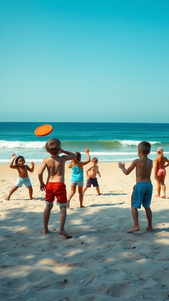 Kids playing frisbee on the beach