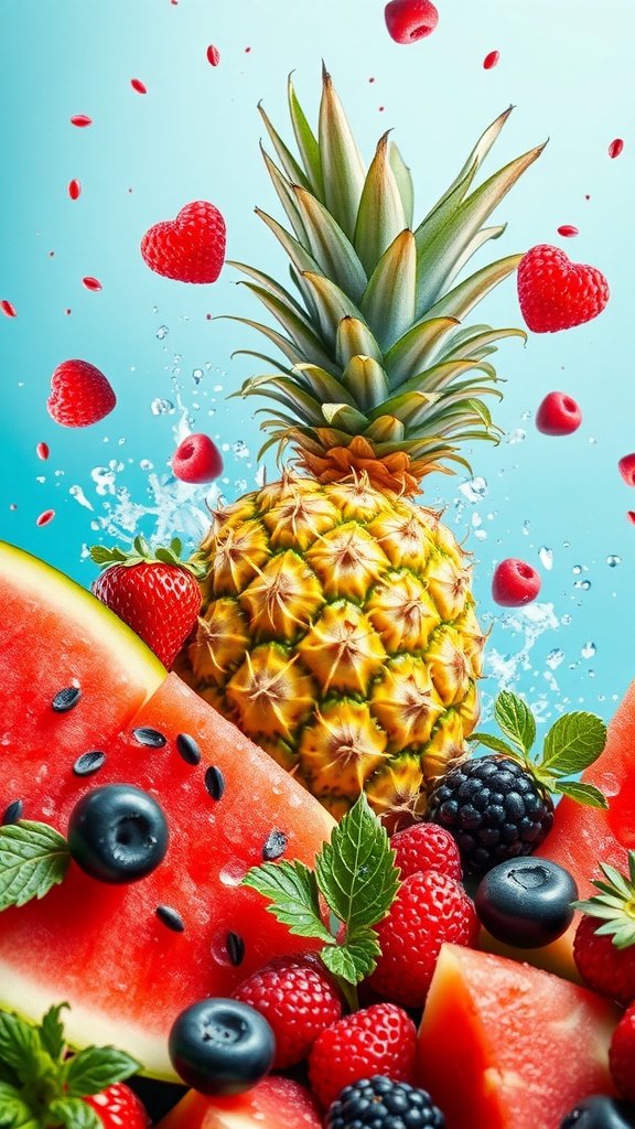 A vibrant arrangement of fruits including a pineapple, watermelon slices, blueberries, raspberries, and mint, with splashes of water.