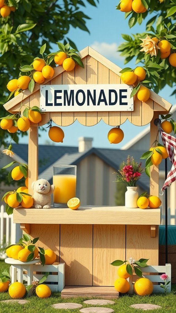 A charming lemonade stand surrounded by lemons and greenery, with a glass of lemonade and a teddy bear.