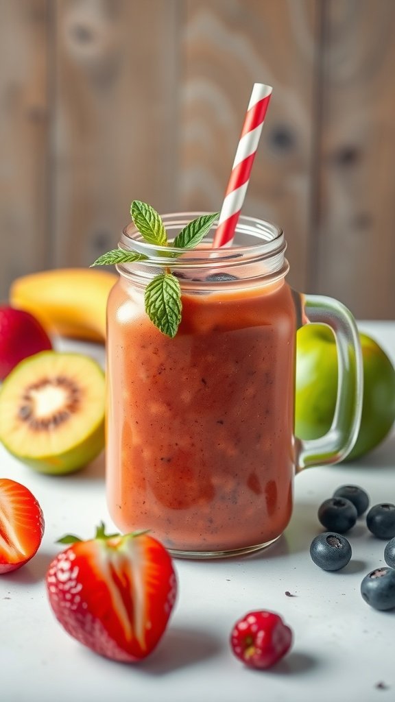 A refreshing morning smoothie in a mason jar with a sprig of mint and a striped straw, surrounded by fresh fruits.