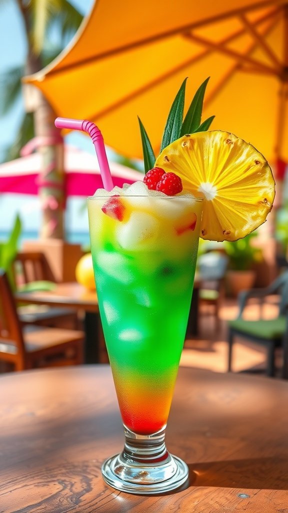 A colorful tropical drink with layers of green, red, and yellow, garnished with pineapple and berries, set on a wooden table.