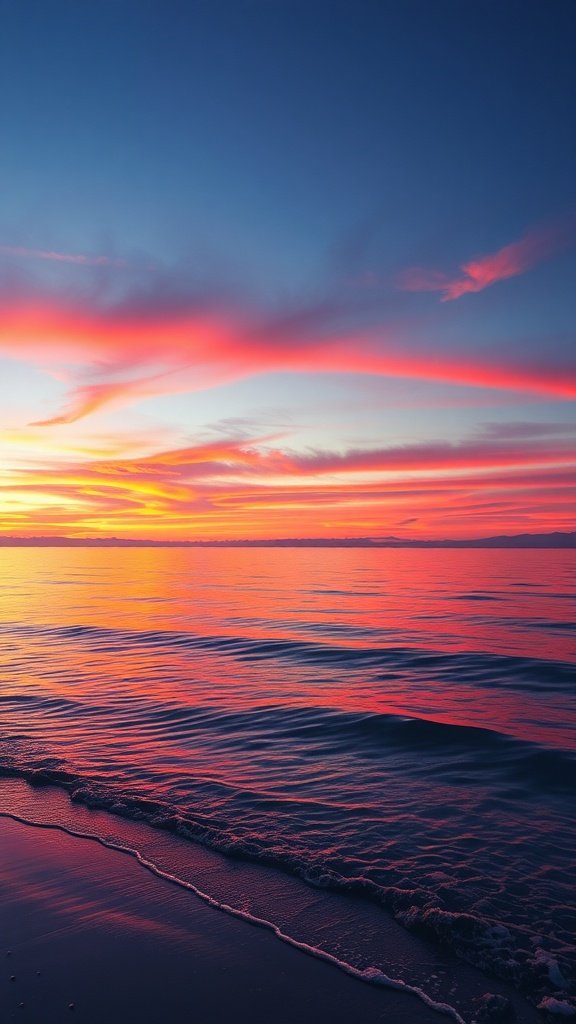 A picturesque beach sunset with vibrant colors reflecting on the calm ocean waves.