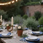 A romantic garden tablescape at dusk featuring a weathered teak dining table with scalloped cream dinnerware, indigo linen napkins, and antique brass cutlery, illuminated by warm string lights. The table is adorned with English roses and French lavender in terracotta pots, crystal wine glasses, and vintage brass candlesticks, surrounded by a lush garden creating a moody, intimate atmosphere.