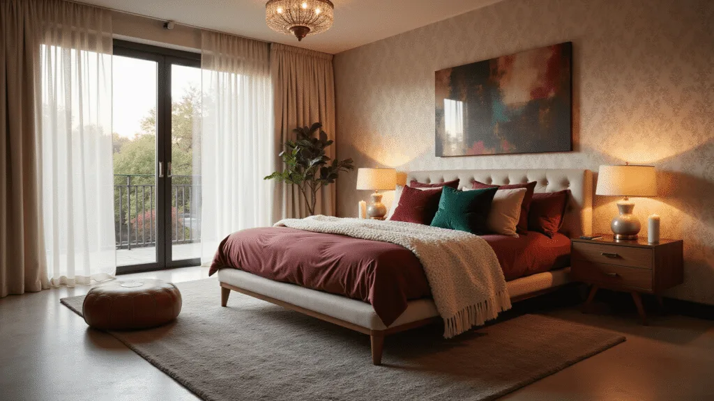 Cinematic high-end interior photograph of a romantic master bedroom with luxurious burgundy silk bedding and warm ambient lighting, featuring sheer white curtains, vintage brass lamps, and an elaborate chandelier, captured during golden hour for a soft, intimate atmosphere.