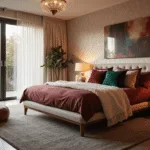 Cinematic high-end interior photograph of a romantic master bedroom with luxurious burgundy silk bedding and warm ambient lighting, featuring sheer white curtains, vintage brass lamps, and an elaborate chandelier, captured during golden hour for a soft, intimate atmosphere.