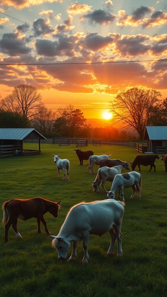 A rural farm at sunrise with grazing cows and vibrant clouds.