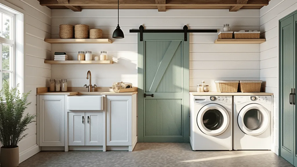 A sunlit rustic farmhouse laundry room featuring white shiplap walls, weathered wooden beams, and a vintage sink, with a front-loading washer and dryer, reclaimed wood countertops, and decorative wicker baskets. A sage green barn door contrasts against the soft morning light, illuminating hexagonal floor tiles and open shelving with linens and galvanized containers. Dust particles are visible in sunbeams.