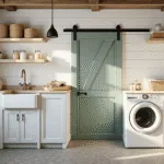 A sunlit rustic farmhouse laundry room featuring white shiplap walls, weathered wooden beams, and a vintage sink, with a front-loading washer and dryer, reclaimed wood countertops, and decorative wicker baskets. A sage green barn door contrasts against the soft morning light, illuminating hexagonal floor tiles and open shelving with linens and galvanized containers. Dust particles are visible in sunbeams.
