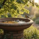 Photorealistic wide-angle shot of a rustic garden bird bath on a weathered brick pedestal, filled with shallow water and surrounded by colorful cottage flowers, a small robin perched on the rim, dappled sunlight filtering through leaves, soft bokeh background, captured in natural earth tones during golden hour.