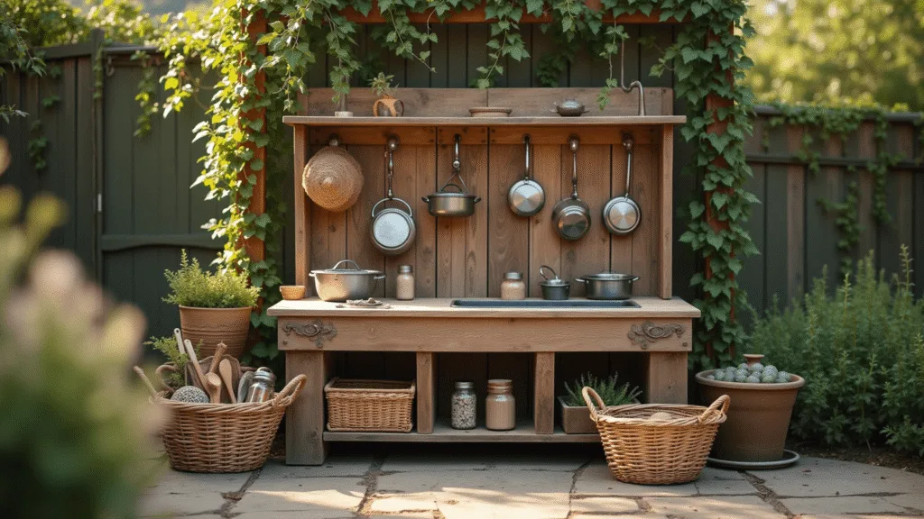 A rustic outdoor mud kitchen in a backyard garden, featuring a reclaimed wooden workstation, vintage enamelware, and a child-height counter with a sink, bathed in golden hour light with dappled shadows and rich textures.