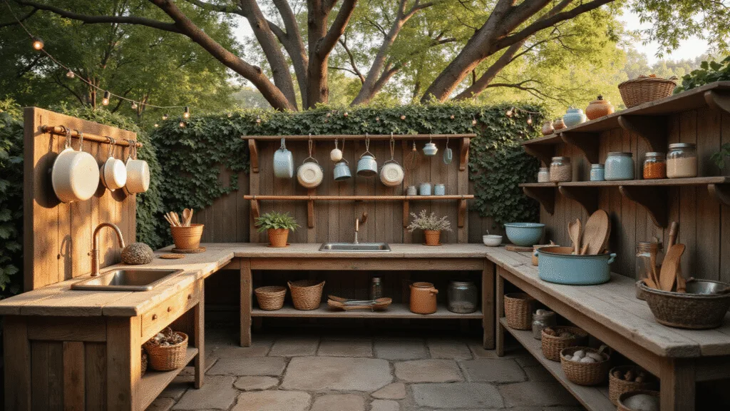 Cinematic wide shot of a rustic outdoor mud kitchen at golden hour, featuring a wooden L-shaped counter, vintage enamel pots, and a deep farmhouse sink, surrounded by nature with dappled sunlight and warm ambiance from string lights.