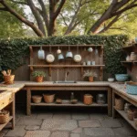 Cinematic wide shot of a rustic outdoor mud kitchen at golden hour, featuring a wooden L-shaped counter, vintage enamel pots, and a deep farmhouse sink, surrounded by nature with dappled sunlight and warm ambiance from string lights.