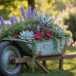 A hyperrealistic image of a weathered blue-gray wheelbarrow planter filled with vibrant succulents and cottage flowers, positioned in a sun-dappled garden with soft morning light, dew on the plants, and a blurred background of a cottage garden with a white fence and climbing roses.