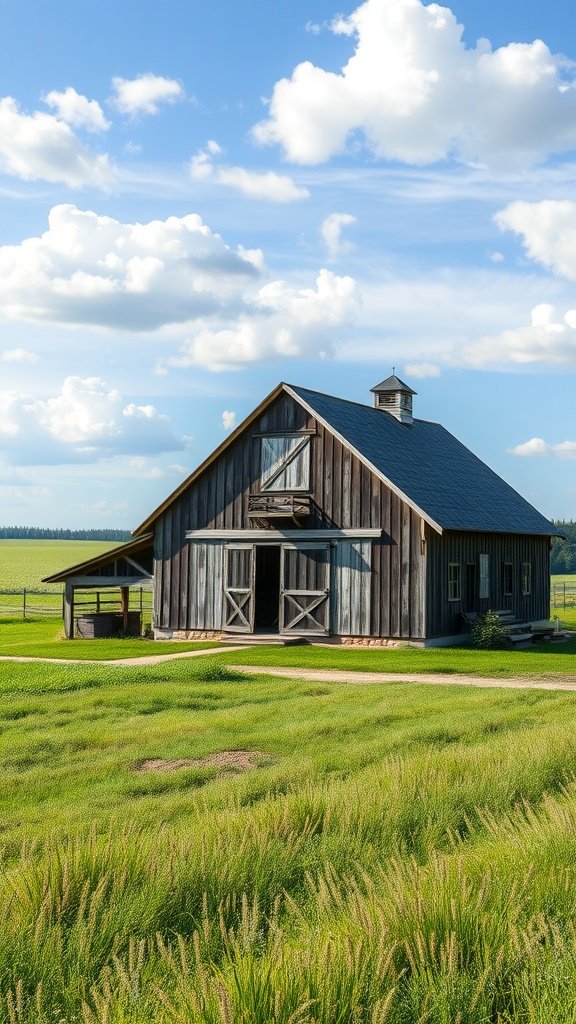 A rustic country barn surrounded by green grass under a bright blue sky with clouds.
