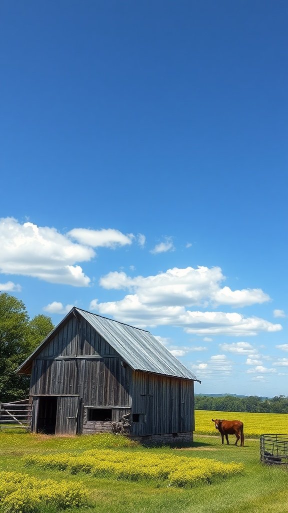 A rustic barn beside a field of yellow flowers under a blue sky with white clouds
