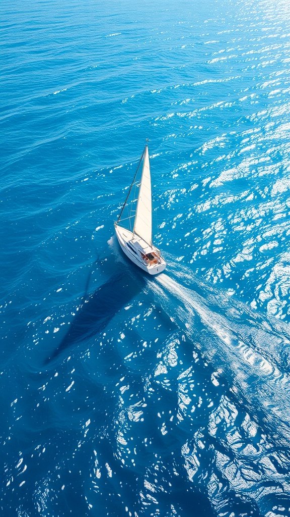A sailboat sailing on a bright blue sea with sunlight reflecting off the water.