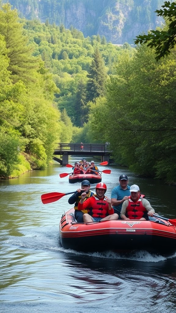 Scene of river rafting on a sunny day with friends paddling in colorful rafts surrounded by trees.