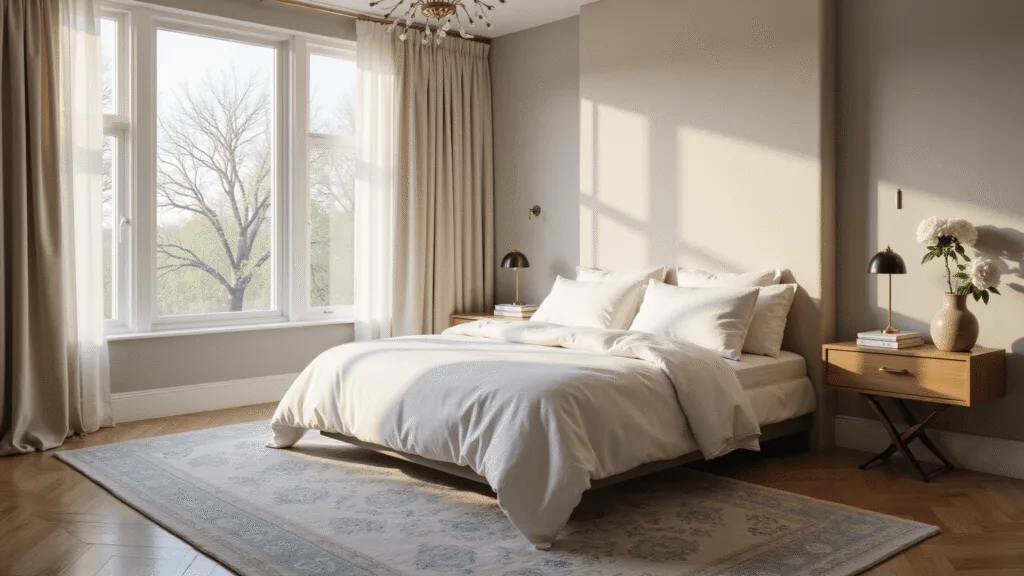 Photorealistic image of a luxurious contemporary bedroom featuring a king-size bed with white and cream linens, warm neutral feature wall, natural oak herringbone floors, and a vintage Persian rug, illuminated by soft morning light through sheer curtains.