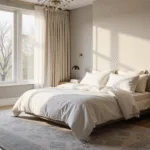Photorealistic image of a luxurious contemporary bedroom featuring a king-size bed with white and cream linens, warm neutral feature wall, natural oak herringbone floors, and a vintage Persian rug, illuminated by soft morning light through sheer curtains.