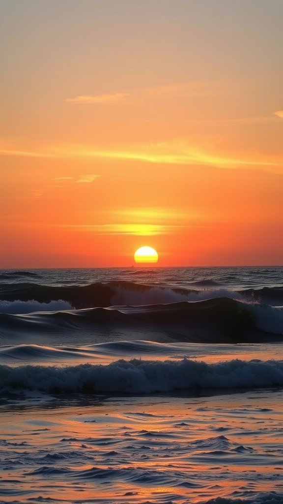 A breathtaking sunset over the ocean with waves reflecting orange and pink hues.