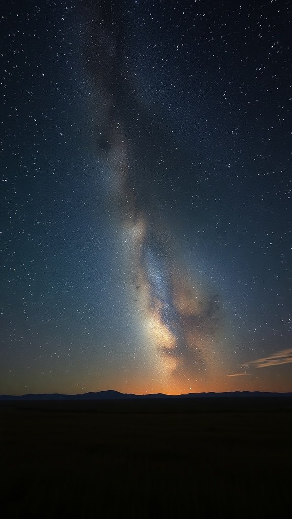 A starry night sky with the Milky Way visible and a soft glow at the horizon.