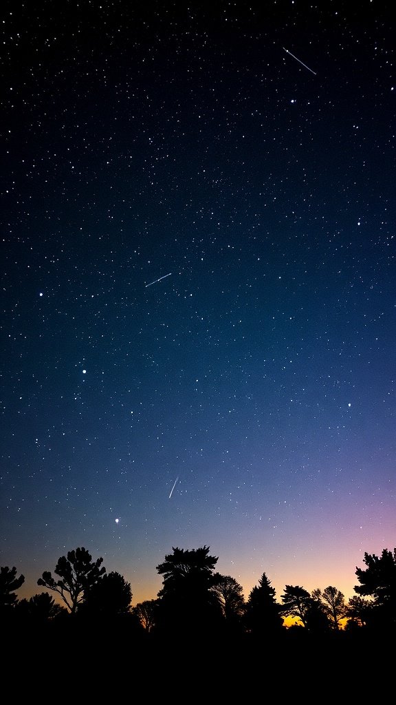 A sky filled with stars and shooting stars over silhouettes of trees during a summer night.