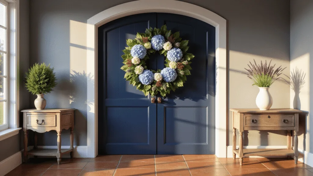 A photorealistic entryway featuring a navy blue arched door adorned with a large hydrangea wreath, complemented by a weathered oak console table with a white vase of lavender, all bathed in golden sunlight.