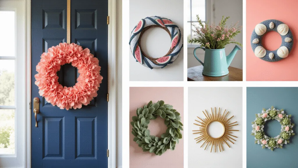 Photorealistic summer wreath collection featuring a coral and pink peony wreath on a navy door, surrounded by five diverse wreaths in vibrant hues, all captured in a bright studio with professional lighting.