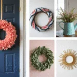 Photorealistic summer wreath collection featuring a coral and pink peony wreath on a navy door, surrounded by five diverse wreaths in vibrant hues, all captured in a bright studio with professional lighting.