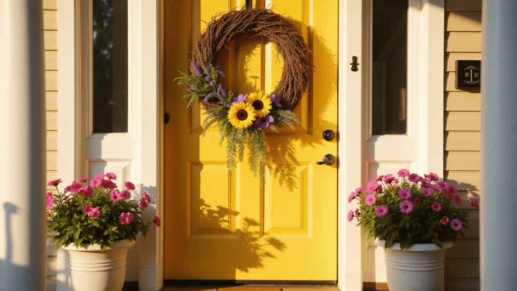 Bright front entryway with a glossy yellow door, adorned with a grapevine wreath featuring faux sunflowers and lavender, flanked by whitewashed planters filled with petunias, captured in warm golden hour light.