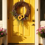 Bright front entryway with a glossy yellow door, adorned with a grapevine wreath featuring faux sunflowers and lavender, flanked by whitewashed planters filled with petunias, captured in warm golden hour light.