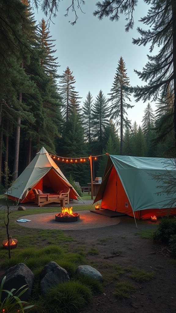 A serene campsite with two tents and a campfire surrounded by trees