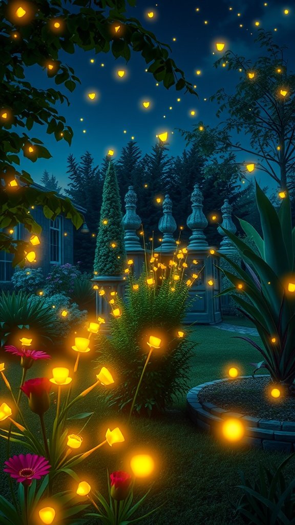 A serene garden at night illuminated by glowing fireflies and blooming flowers.