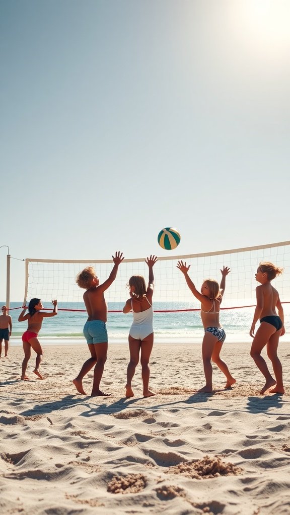 Kids playing beach volleyball during summer