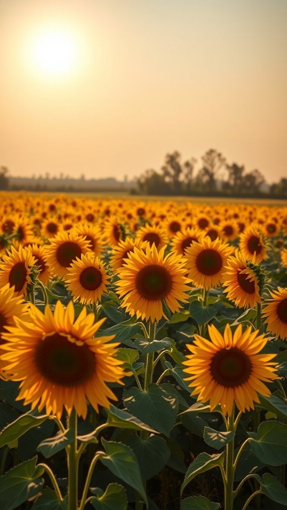 Field of sunflowers under a bright sun