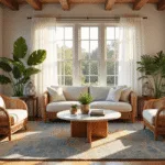 A sunlit tropical colonial sunroom featuring whitewashed wooden beams, floor-to-ceiling windows with sheer curtains, rattan peacock chairs, a round marble coffee table, and a vintage Persian rug, adorned with potted plants and brass lanterns, bathed in warm golden hour light.