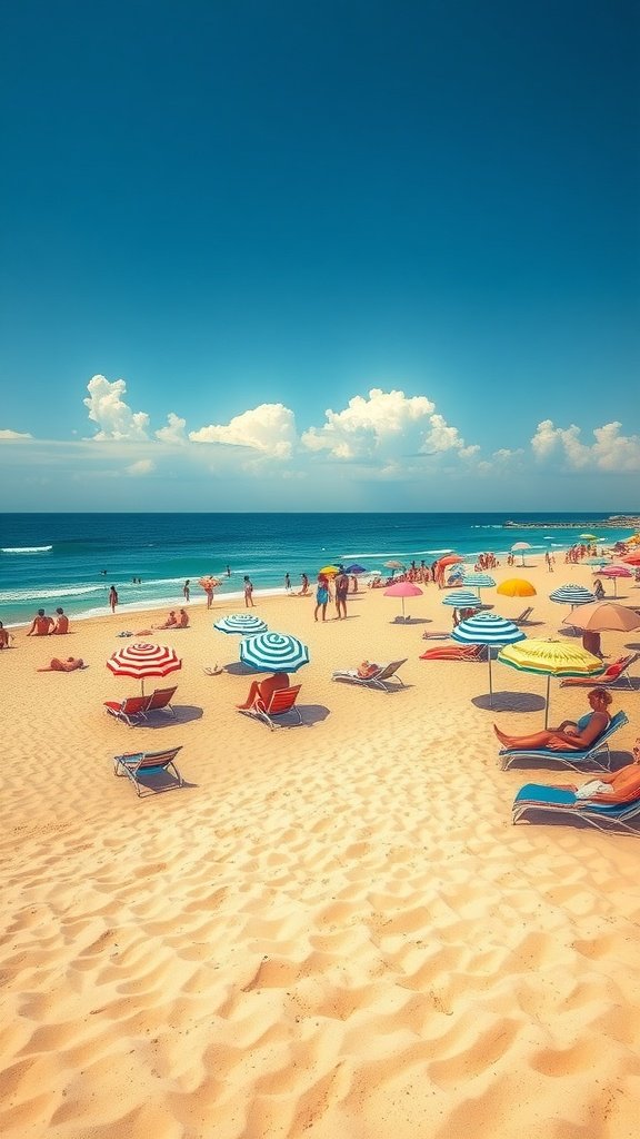 A sunny beach scene with colorful umbrellas and people enjoying the sand and ocean.