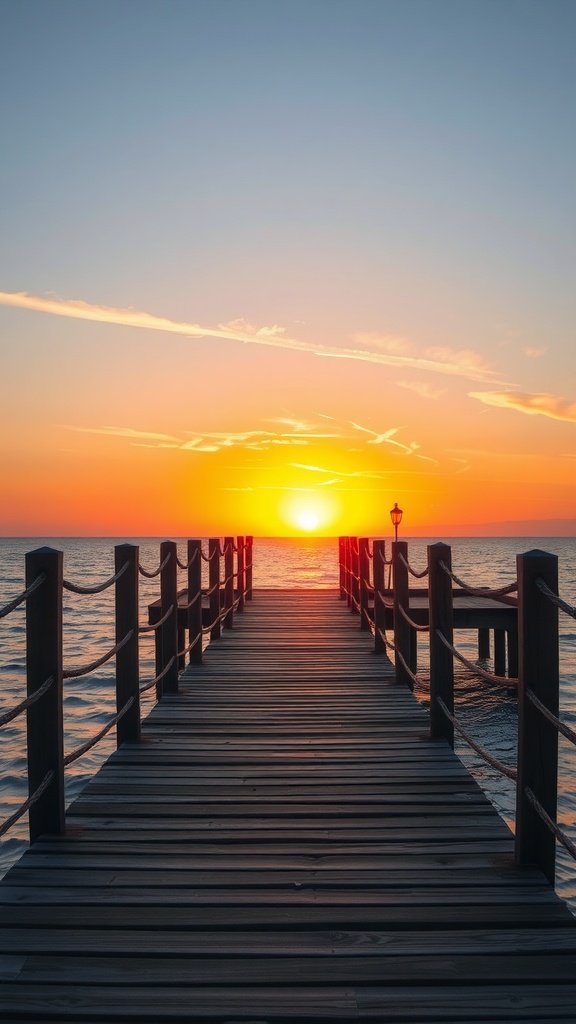 A wooden pier stretching out towards the sunset over the ocean, with vibrant orange and pink colors in the sky.