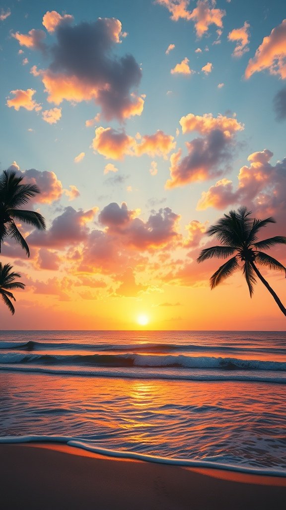 A beautiful sunset over a tranquil beach with palm trees and colorful skies.