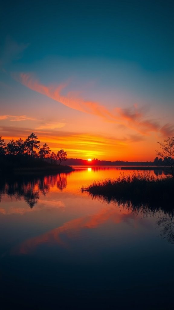 A beautiful sunset over a lake with vibrant colors reflecting on the water.